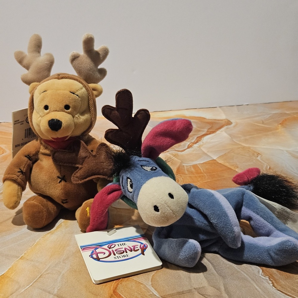 Vintage Disney Store Winnie the Pooh Eeyore Christmas Reindeer Beanies 1999